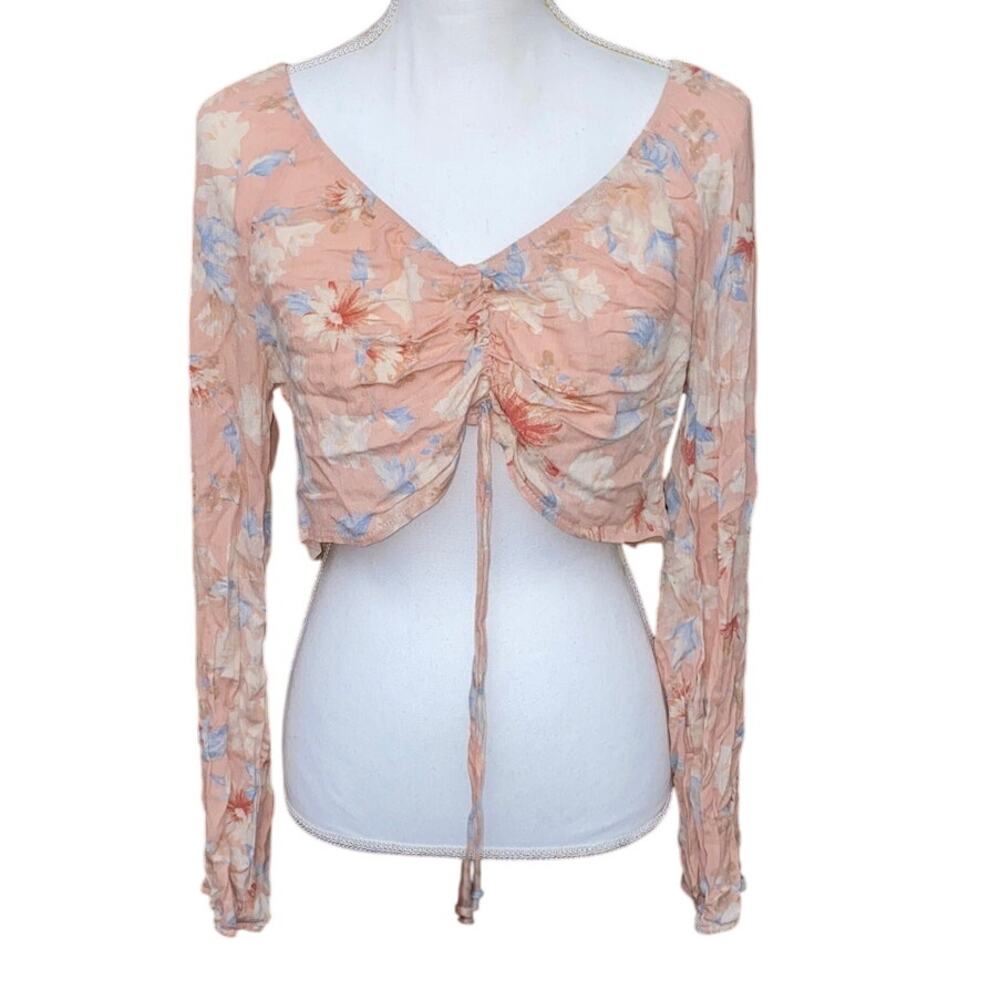 Ruched Tie Front Crop Top Long Sleeve Pink Floral Boho Peasant Soft Gauzy Large